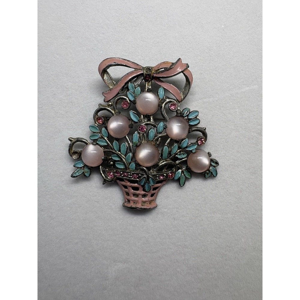 Vintage Pink Faux‎ Moonstone With Rhinestone Enamel Flowers Brooch